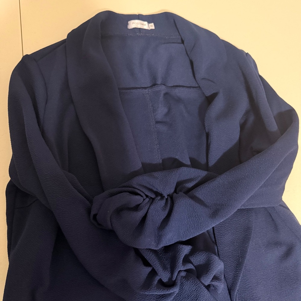 POGTMM Womens Navy Blue Open Front Ruched 3/4 Sleeve Blazer Jacket Size M